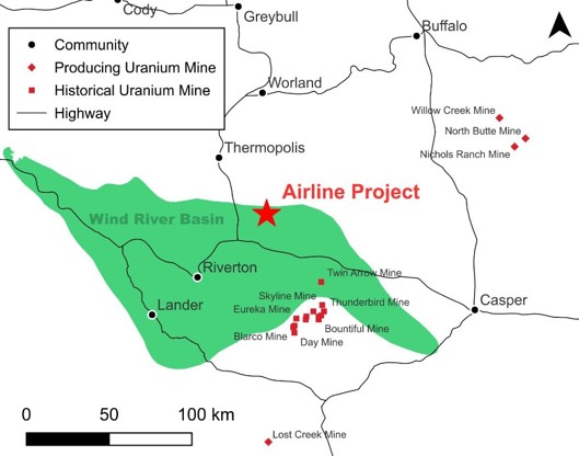 Figure 1: Location of the Airline Project alongside historical and actively producing uranium mines.